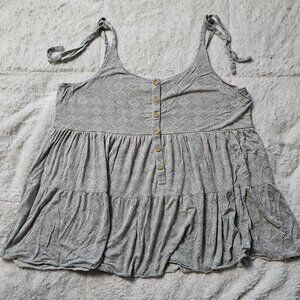 The Woods by Kate Quinn Grey Button Down Batik Shoulder Tie Tiered Tank XXL